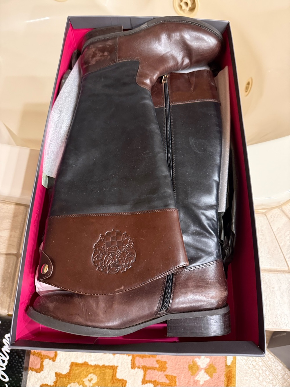 Vince Camuto Fabina Two-Tone Brown and Black Knee-High Leather Boots; Wide Calf